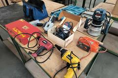 Power Tools and Accessories: Ryobi 2HP Router, Dewalt Screw Gun, Jig Saw, Bosch and Bauer Multi Tools, Hilti Powder Actuated Tool, Ryobi Trim Router, Stanly Dovetail Jig, and More