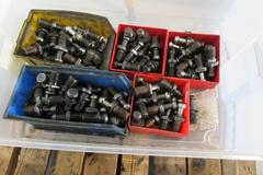 Bins of Various 50 Taper Tool Holder Retention Knobs