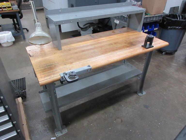 Butcher Block Top Work Bench with Upper and Lower Shelf, CAT40 Tool Vises