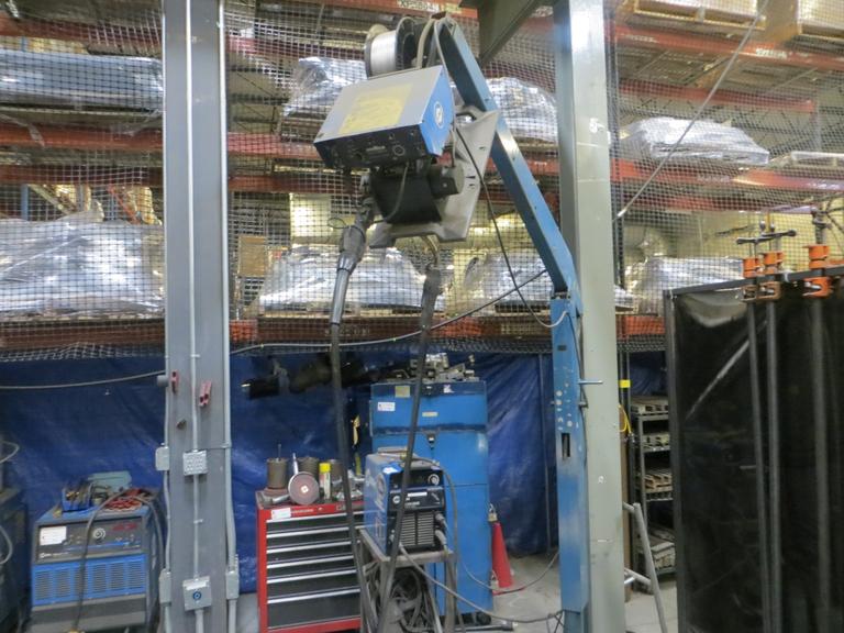 Miller XMT 304 CC/CV Multiprocessor Welder W Miller S52A Continuous Feed On Adjustable Boom