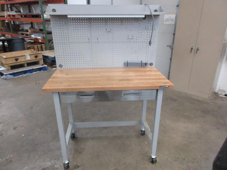 Portable Work Bench with Maple Top, Upper Shelf, Drawer, Work light