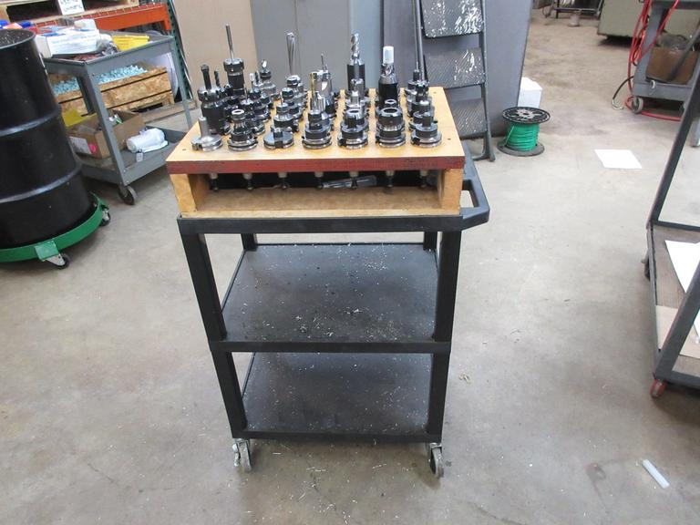 CAT40 Tool Holders (35) Assorted in Wood Rack Mounted on Uline Plastic Rolling 3 Shelf Cart