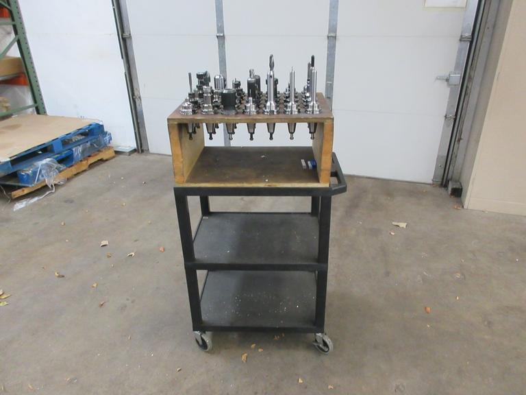 CAT40 Tool Holders (35) Assorted in Wood Rack Mounted on Uline 3 Shelf Rolling Plastic Cart
