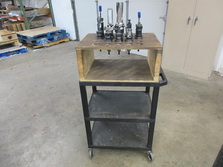 CAT40 Tool Holders (12) ER32 Collet, Shell Mill, in Wooden Rack Mounted on Uline Rolling Plastic Cart