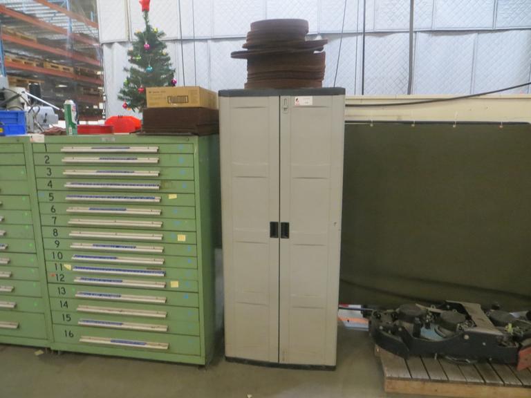 Suncast 2 Door Cabinet with Contents of Scotchbrite Pads Sanding Disks AND More!