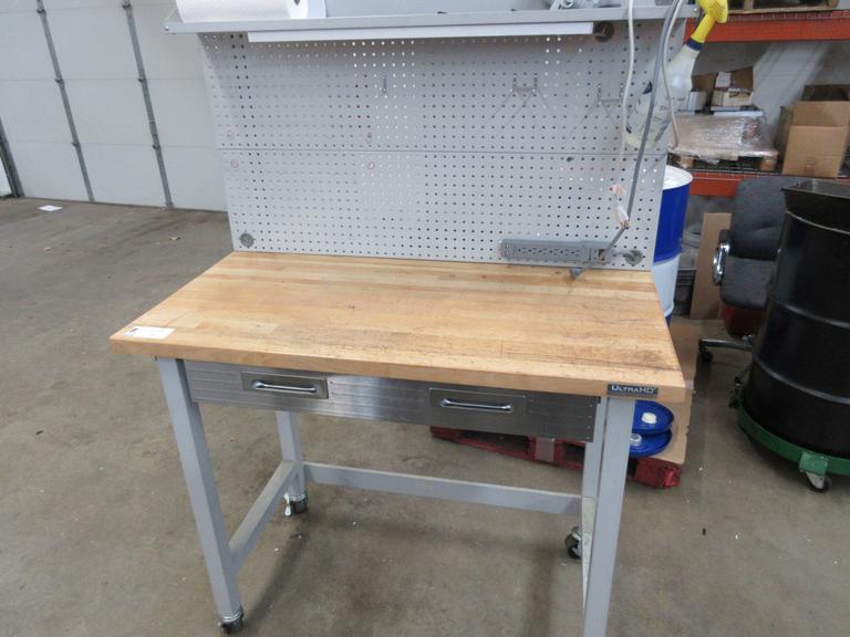 Portable Work Bench with Maple Top, Upper Shelf, Drawer, Work light
