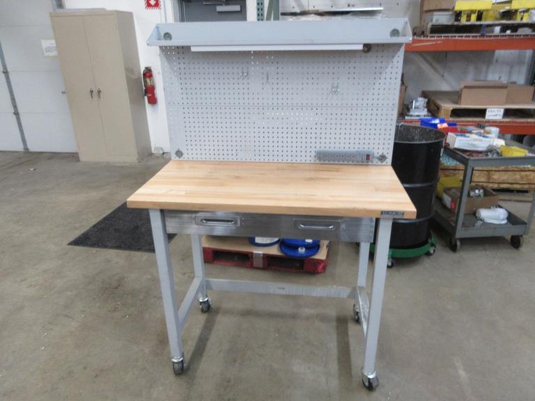 Portable Work Bench with Maple Top, Upper Shelf, Drawer, Work light