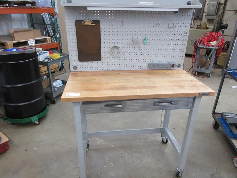 Portable Work Bench with Maple Top, Upper Shelf, Drawer, Work light