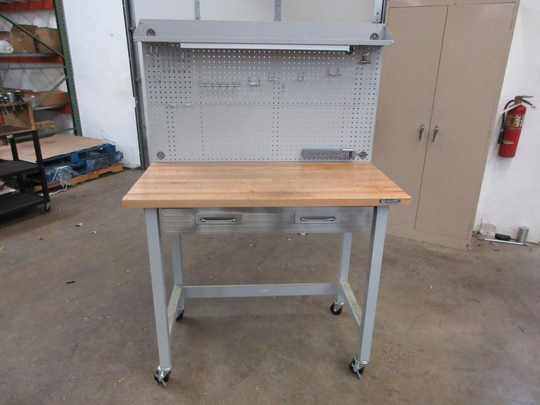 Portable Work Bench with Maple Top, Upper Shelf, Drawer, Work light