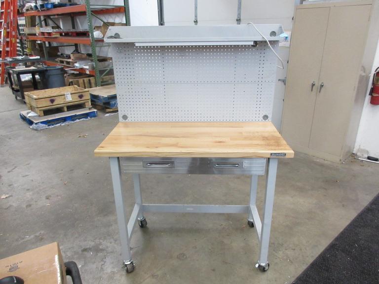 Portable Work Bench with Maple Top, Upper Shelf, Drawer, Work light