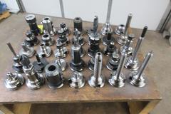 CAT40 Tool Holders (35) Assorted in Wood Rack Mounted on Uline 3 Shelf Rolling Plastic Cart