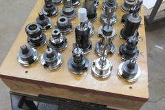 CAT40 Tool Holders (35) Assorted in Wood Rack Mounted on Uline Plastic Rolling 3 Shelf Cart