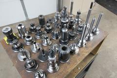 CAT40 Tool Holders (35) Assorted in Wood Rack Mounted on Uline 3 Shelf Rolling Plastic Cart
