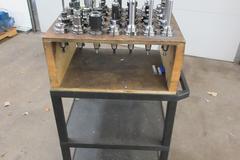 CAT40 Tool Holders (35) Assorted in Wood Rack Mounted on Uline 3 Shelf Rolling Plastic Cart