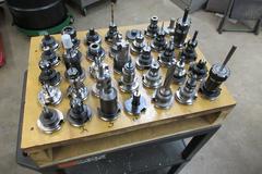 CAT40 Tool Holders (35) Assorted in Wood Rack Mounted on Uline Plastic Rolling 3 Shelf Cart