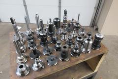 CAT40 Tool Holders (35) Assorted in Wood Rack Mounted on Uline 3 Shelf Rolling Plastic Cart