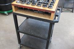 CAT40 Tool Holders (35) Assorted in Wood Rack Mounted on Uline Plastic Rolling 3 Shelf Cart