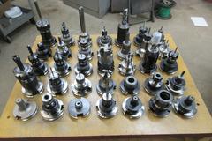CAT40 Tool Holders (35) Assorted in Wood Rack Mounted on Uline Plastic Rolling 3 Shelf Cart