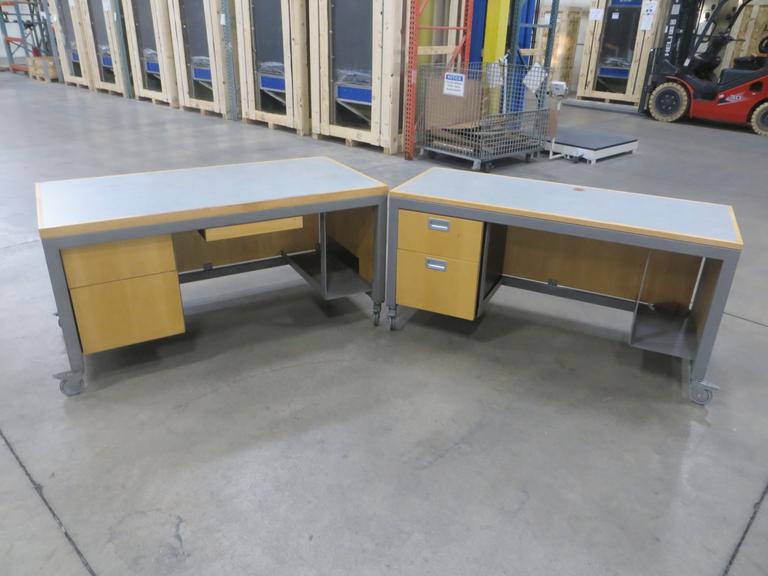 Metal Desks with Wood Tops, Portable on Casters