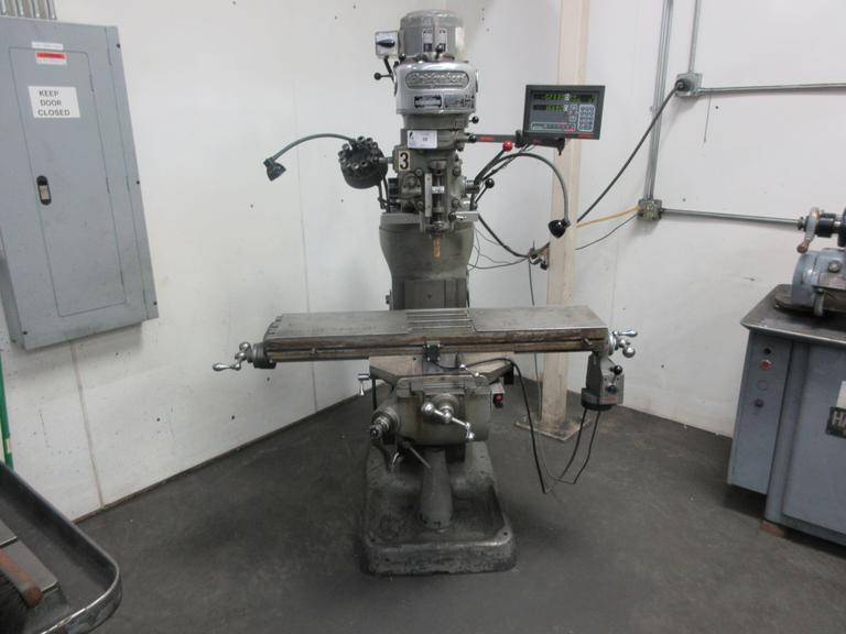 Bridgeport 1J Vertical Mill, Step Pulley Speed Change Head, 9"x42" Table, Newall DP700 2-Axis Digital Readouts