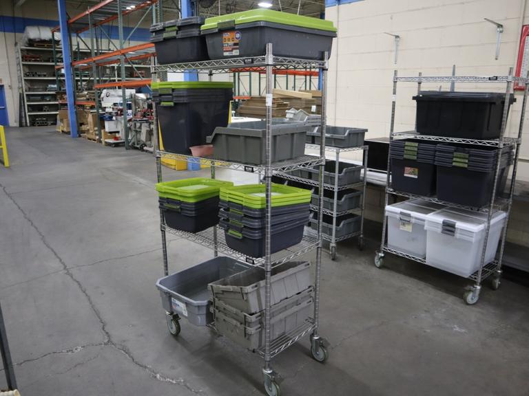 Uline Wire Rack Cart with 4 Shelves and Plastic Totes