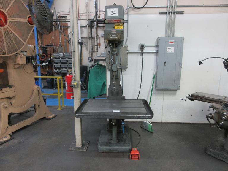 Edlund Model 2F15 30" Floor Model Drill Press, 15" Throat, 6" Hand Quill Feed, 38"x24.5" Adjustable Height Work Table with Oil Gutters, Variable Spindle Speeds 100-2400 RPM, 2HP Drive Motor, Remote Foot Jog