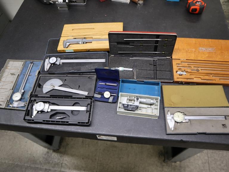 Assorted Inspection Tools, Dial Calipers, Dial Indicator, Depth Micrometer, 1" Micrometer, Bore Micrometer