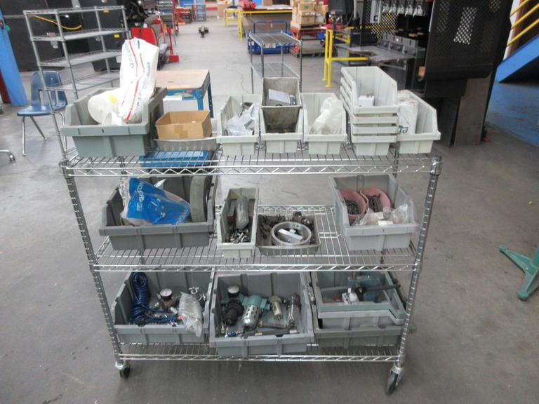 Rolling 3 Shelf Wire Racking with Contents, Plastic Bins, Miscellaneous Fittings and Hardware