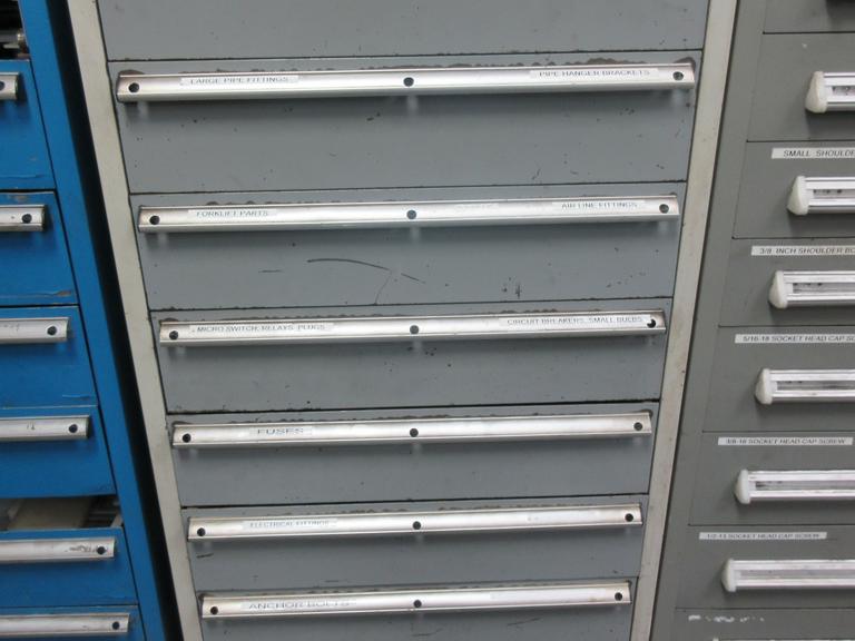 9 Drawer Cabinet with Contents: Fittings, Electrical Components.