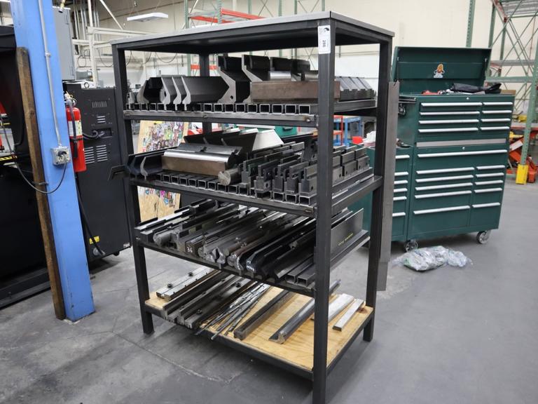 Amada Press Brake Dies, Ram Clamps and Lower Die Holders on Steel Rack