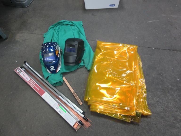Welding Equipment: (2) Darkening Welding Helmet, (2)Curtains , 2XL Welding Jacket, Welding Wire, Brush