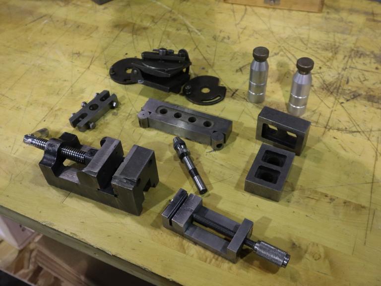 Workholding Assorted Items: (2) Vises, Keyless Drill Chuck, Blocks, Adjustable Work Stands, Sine Bar, and More