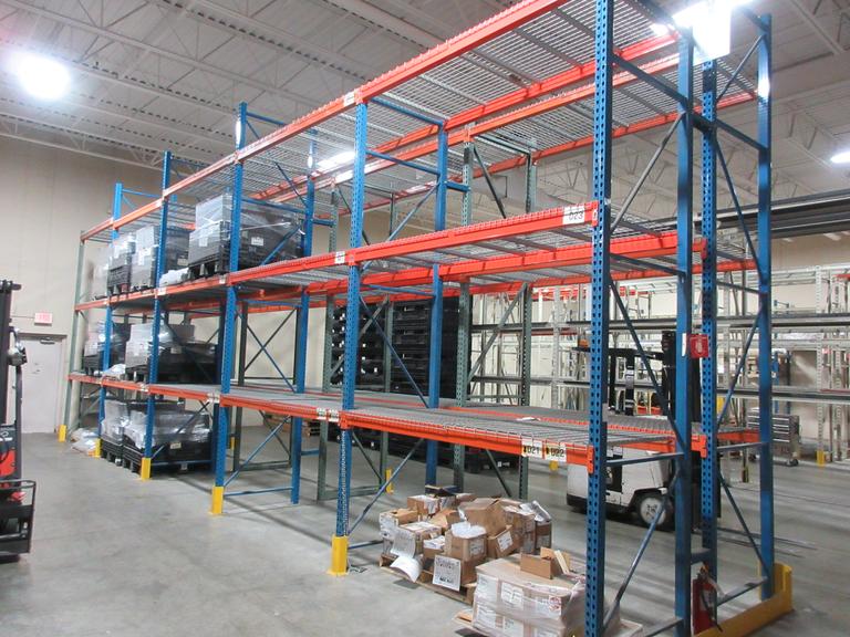 Pallet Racking Back to Back, Tear Drop Style (12) 14'x42" Uprights, (30) 8' Shelves with Wire Decking, *No Contents*