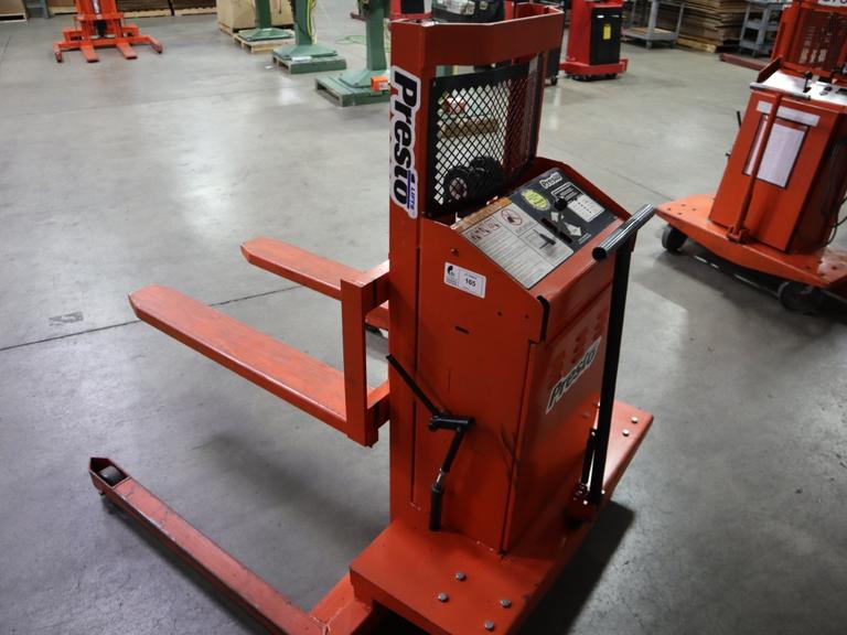 Presto WPS5036-20 Electric Stacker Lift Truck, 2,000# Cap, 36" Lift Height, 42" Forks, 50" Between Outriggers, 12 Volt Battery and Charger