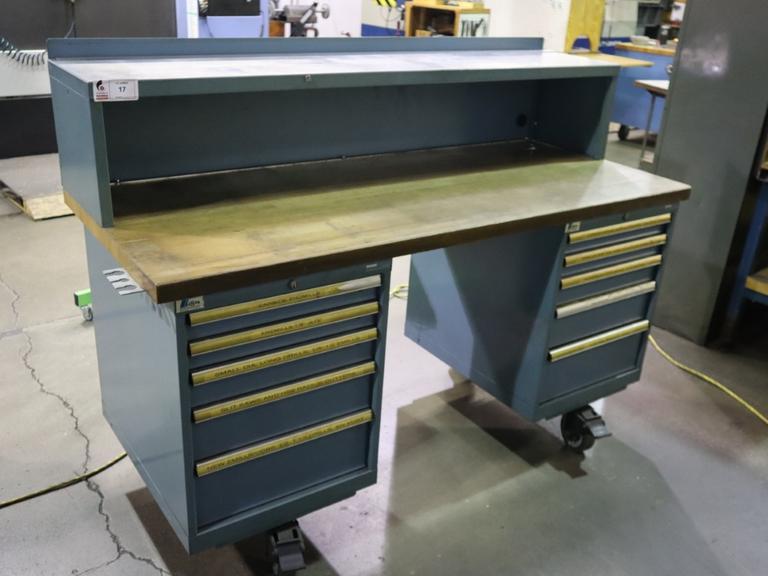 Lista Cabinet Base Work Bench, Maple Top, Portable on Caster, (10) Drawer, Upper Shelf - With Cutting Tool Contents