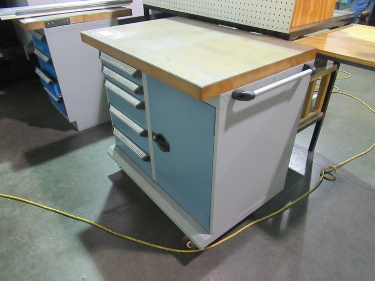 Rousseau Rolling Workbench with Maple Top, 4-Drawers, 1-Cabinet and Contents