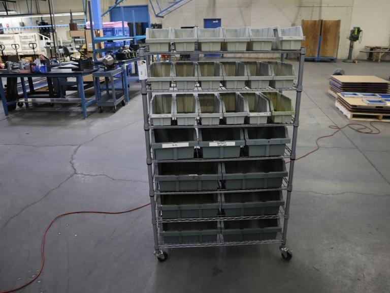 Rolling Wire Rack, (7) Shelves with Plastic Bins 36"x14"x55"