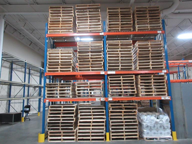 Pallet Racking Back to Back,  Teardrop Style (8) 16'x42" Uprights, (12) 8' Shelves with Wire Decking, *No Contents*