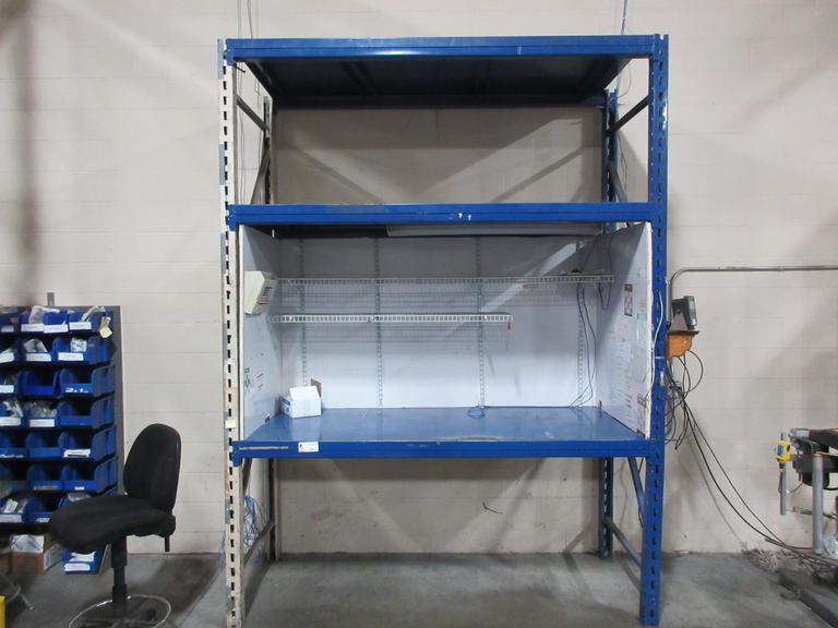 Pallet Rack Shipping Desk Unit, Tab and Slot Style, (2) Uprights 120" x 36", (3) 7' Shelves, with Added Shelving and Overhead Light