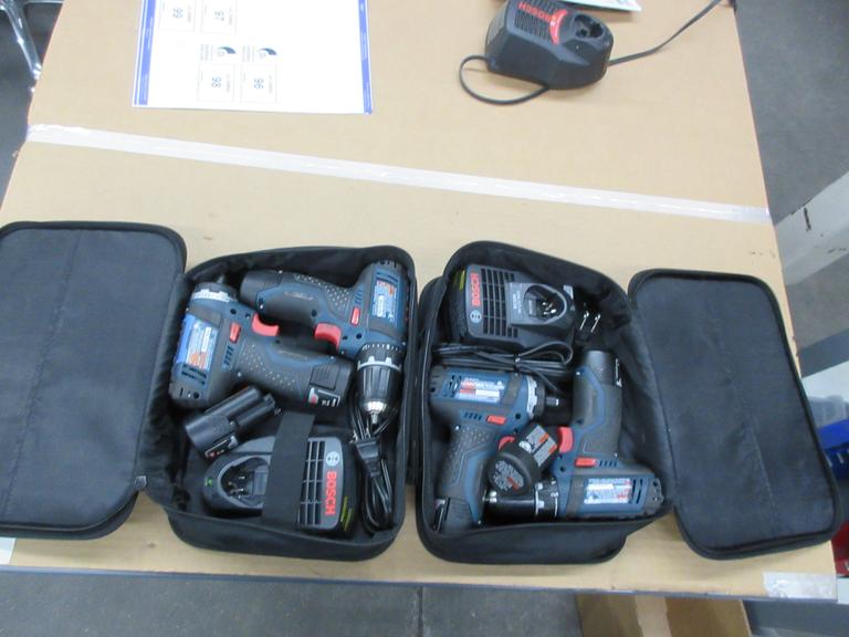 Bosch 1/4" Impact Driver PS21 (2), and 3/8" Drill PS31 (2) with 12V lithium Ion Batteries and Chargers