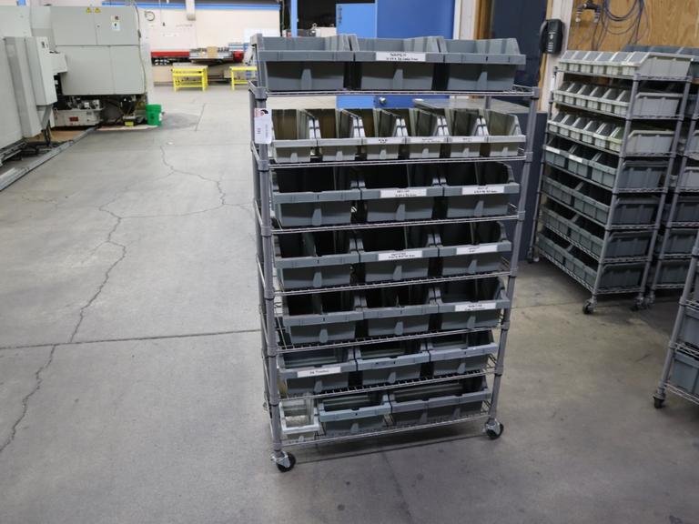 Rolling Wire Rack, (7) Shelves with Plastic Bins 36"x14"x55"