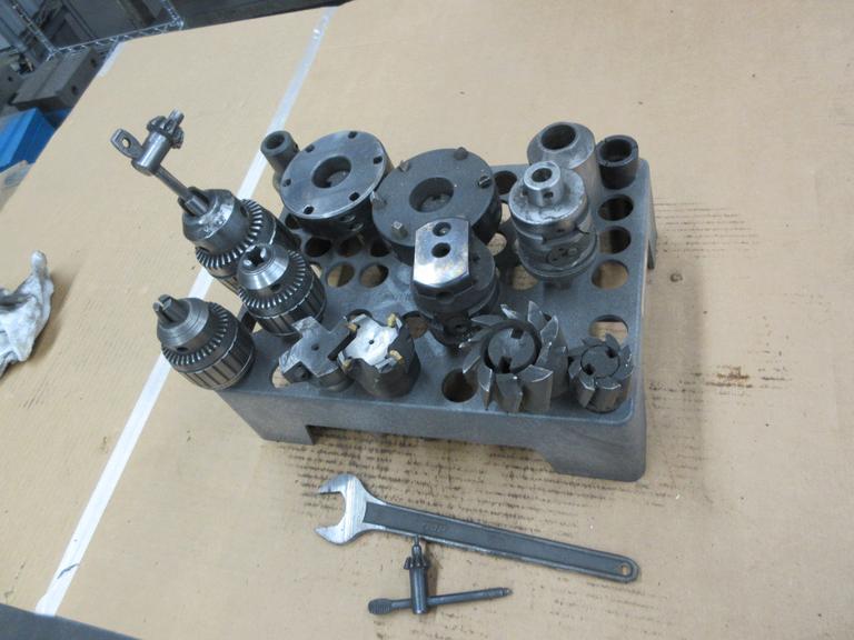 R8 Tooling in Rack, Assorted Size Jacobs Drill Chucks, Boring Heads, Shell Mills