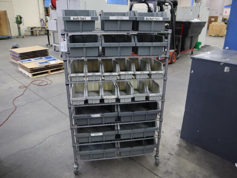 Rolling Wire Rack, (7) Shelves with Plastic Bins 36"x14"x55"