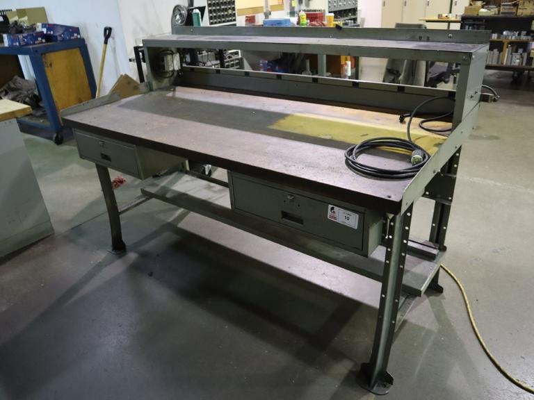 Metal Workbench, Maple Top, 2-Drawers, Upper and Lower Shelves, Power Outlet