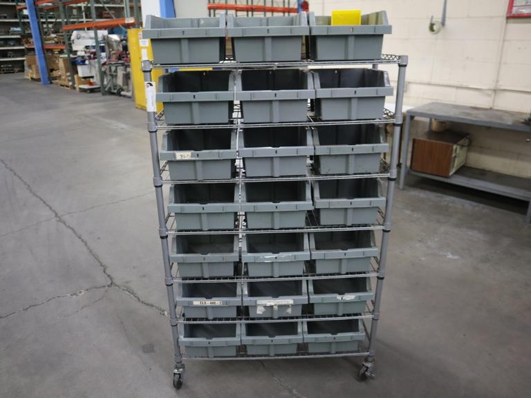 Rolling Wire Rack, (7) Shelves with Plastic Bins 36"x14"x55"