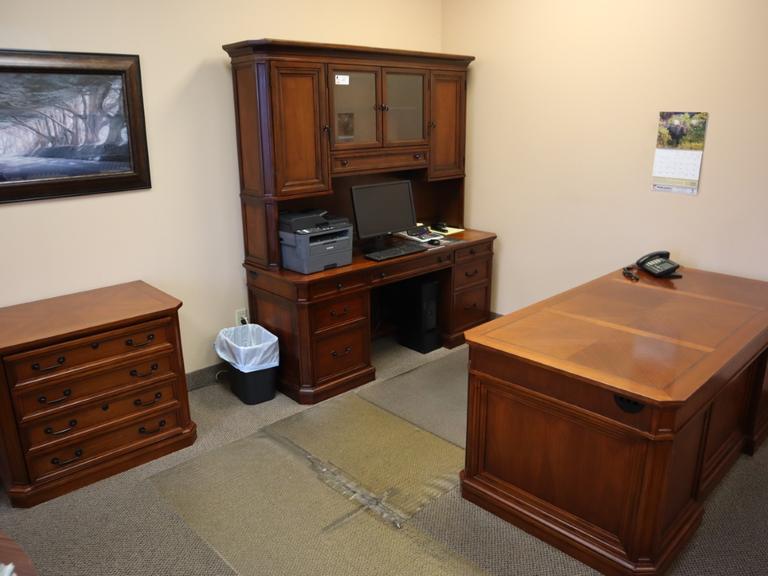 Office Desk, Credenza, Book Case, Lateral File Cabinet Table  (3) Pieces - NO CONTENTS