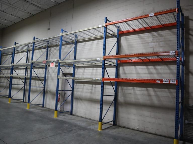 Pallet Racking, Teardrop Style (7) 14'x42" Uprights, (17) 8' Cross Members, Wire Decking, *No Contents*