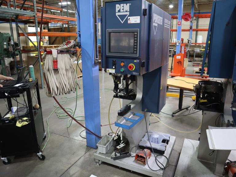 PEM Series 2000 Fastener Installation Press, 8 Ton Max Force, 24" Throat, Touch Screen Control, Vibratory Feeder Bowl, Tooling, Remote Foot Trip