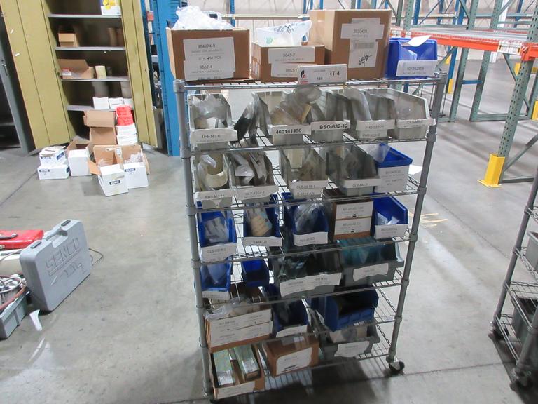 Rolling Wire Shelf with Contents of Assorted Hardware and Fasteners