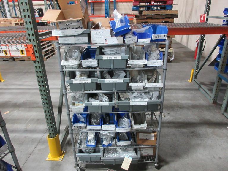 Rolling Wire Shelf with Contents of Assorted Hardware and Fasteners